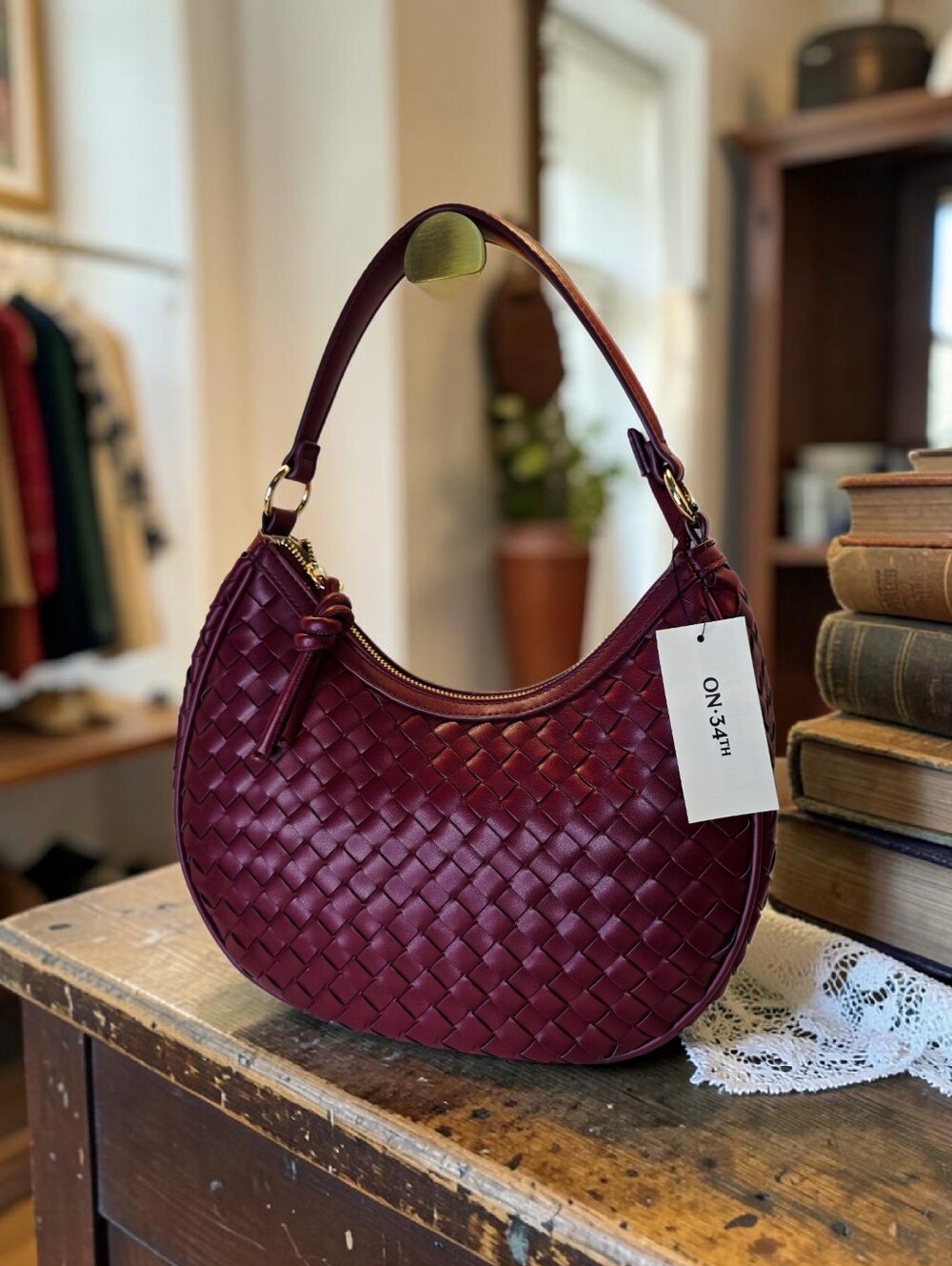Designer Inspired Crescent Woven Fashion Bag in Burgundy by On 34th